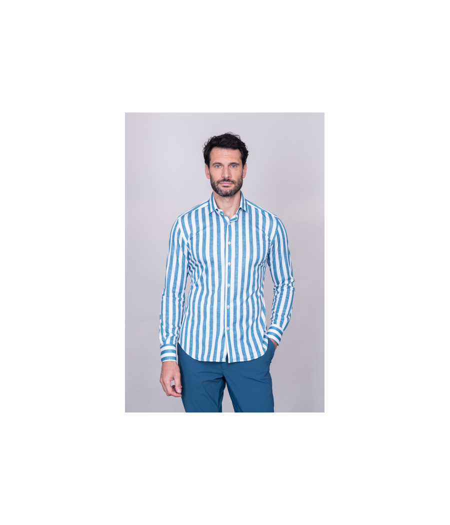 Green linen effect macro stripe shirt